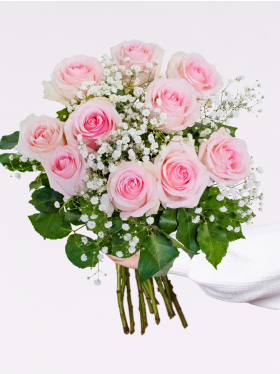 10 Rosa Rosen mit Schleierkraut + Gratis Vase