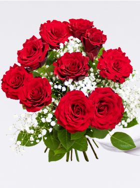 10 Rote Rosen mit Schleierkraut + Glasvase