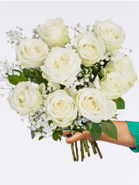 10 Weiße Rosen mit Schleierkraut + Glasvase