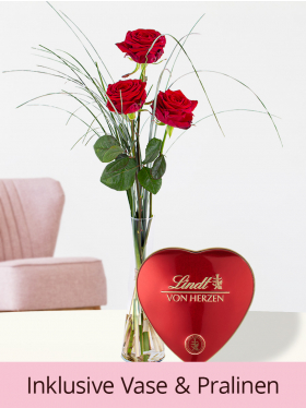 Drei Rote Rosen + Vase + Lindt von Herzen