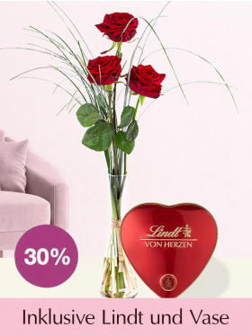 Drei Rote Rosen inklusive Glasvase und Lindt Herz - Ticketsprinter