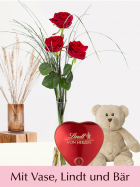 3 Rote Rosen mit Vase, Lindt Herz und Bär - Valentinstag