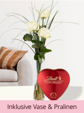 Drei Weiße Rosen + Vase + Lindt von Herzen