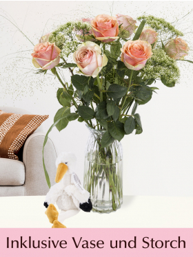 Blumen zur Geburt mit Vase und Storch