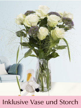 Blumen zur Geburt - Blau - Mit Vase und Storch