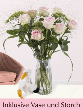 Blumen zur Geburt - Rosa - mit Glasvase und Storch