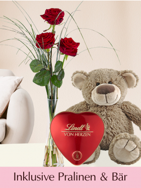 Drei Rote Rosen mit Vase, Lindt Herz und Teddybär - Valentinstag