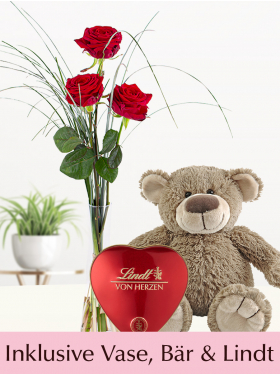 Drei rote Rosen inklusive Vase, B&auml;r und Lindt Herz