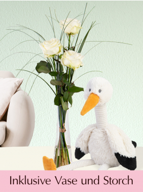Drei Weiße Rosen mit Glasvase und Storch