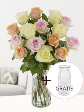 Muttertag Blumen - Pastellfarbene Rosen + Gratis Glasvase