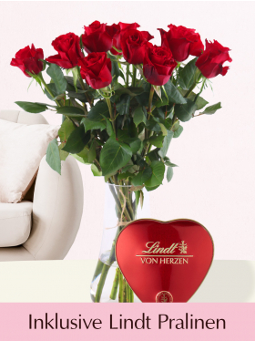 Valentinsstrauß - 12 Rote Rosen EverRed - Inkl. Lindt Herz