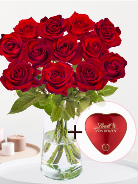 Rote Rosen f&uuml;r Valentinstag mit Lindt Pralinen