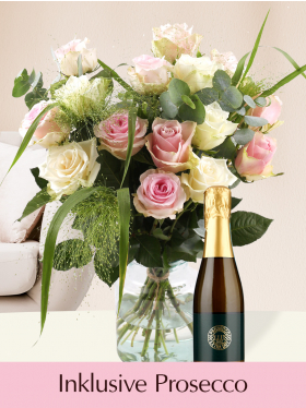 Rosenstrauß Weiß-Rosa mit Prosecco Piccolo - Frauentag