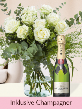 Weißer Rosenstrauß mit Champagner