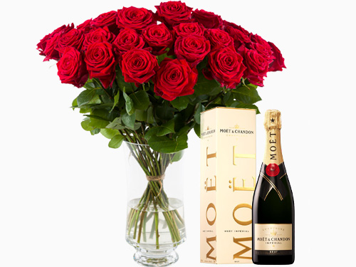 30 Rote Rosen mit Champagner