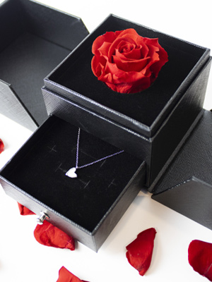 Schmuckschatulle mit lang haltbare rote Rose